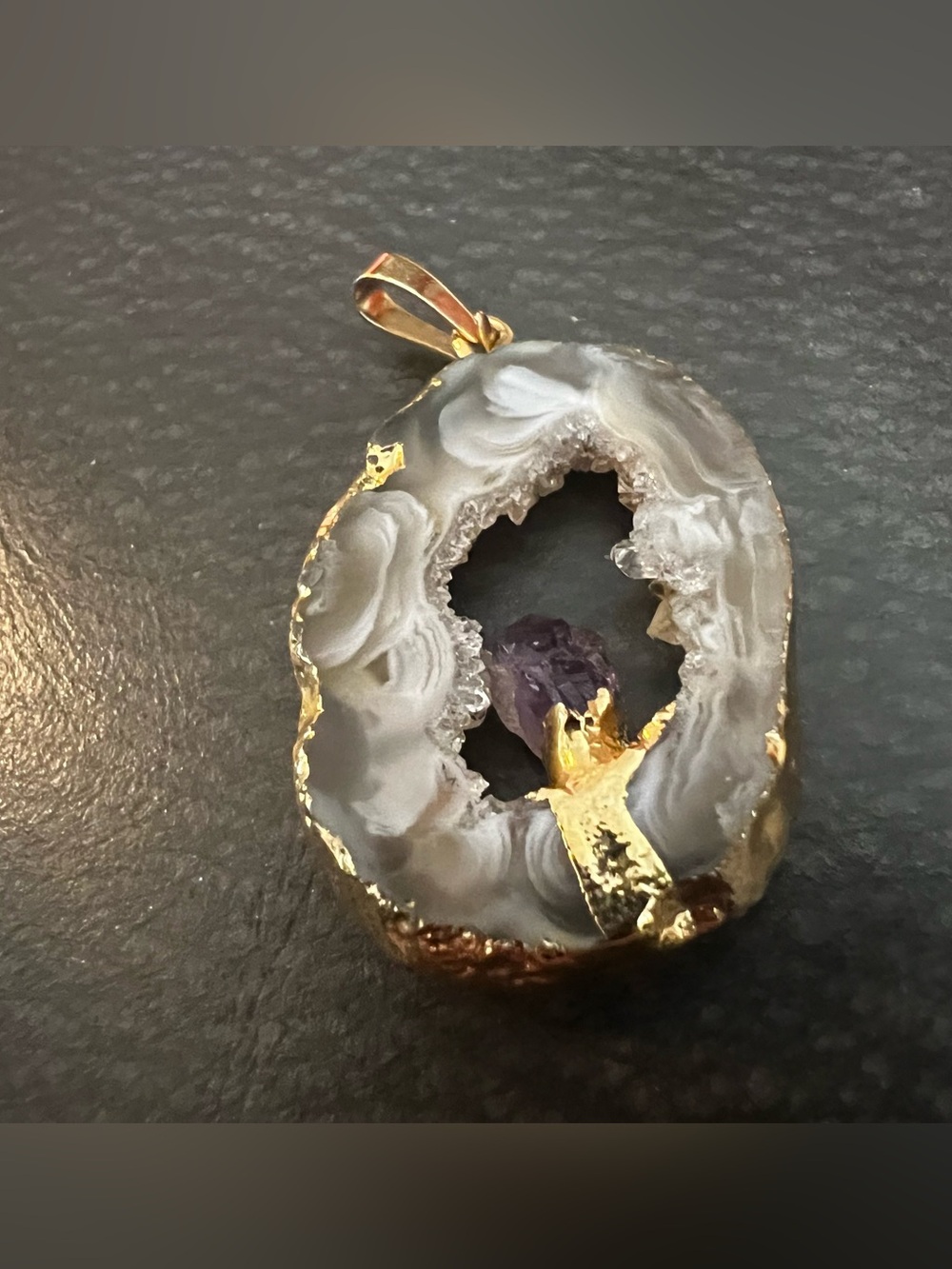 Gold-Edged Gray Agate Geode Pendant with Purple Crystal